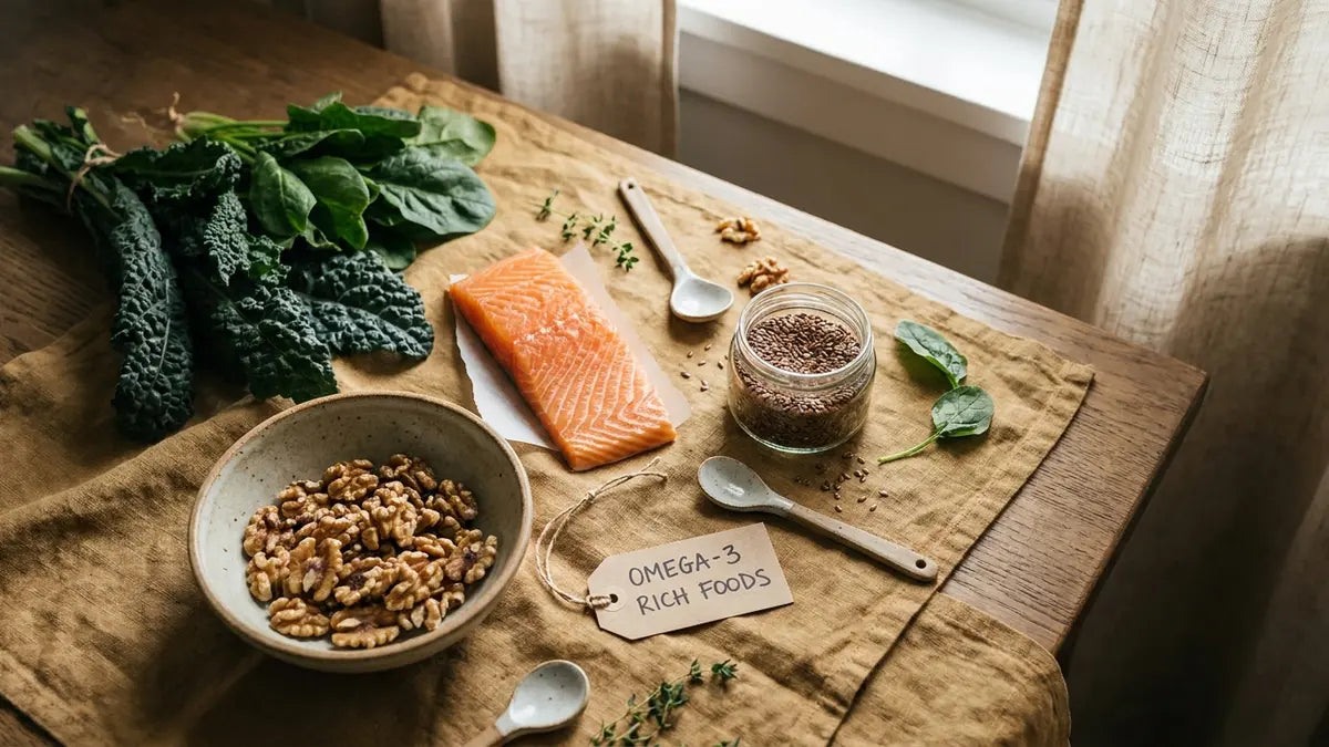 Aliments riches en acides gras essentiels : saumon, noix, graines de lin et légumes verts
