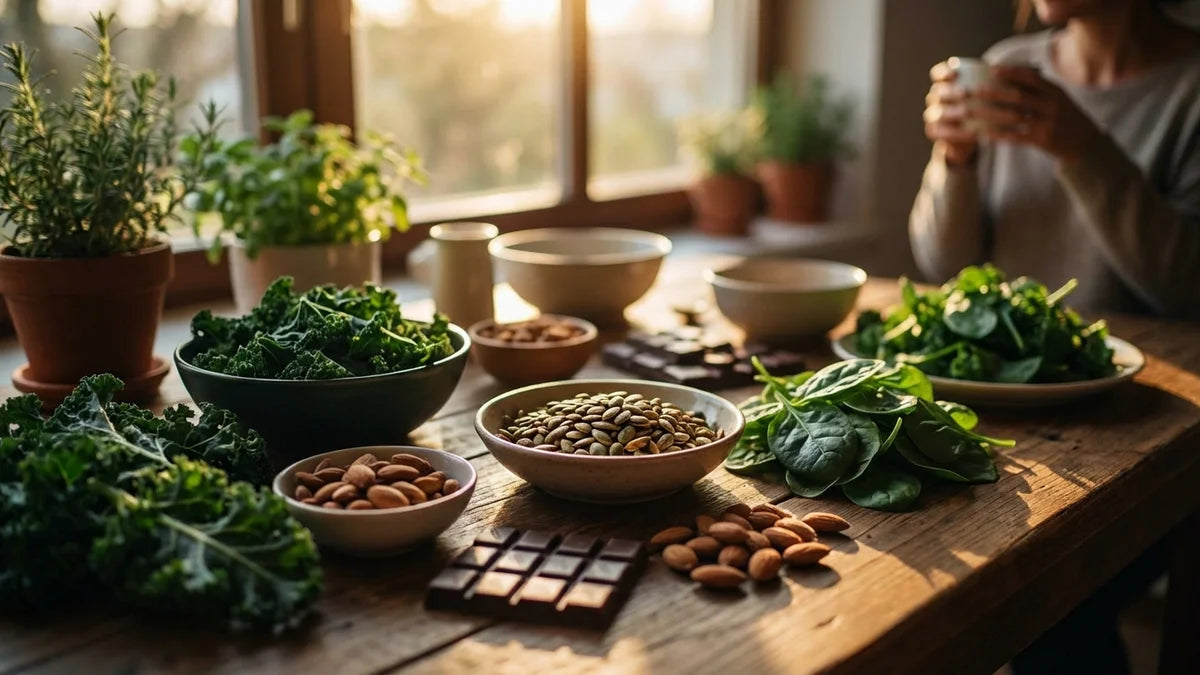 Aliments riches en magnésium : épinards, graines de courge, amandes et chocolat noir