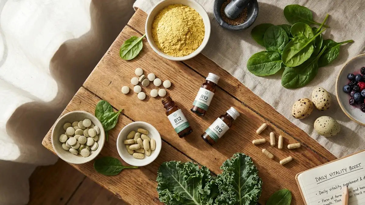 Suppléments de vitamine B12 avec légumes verts, œufs et levure nutritionnelle sur bois