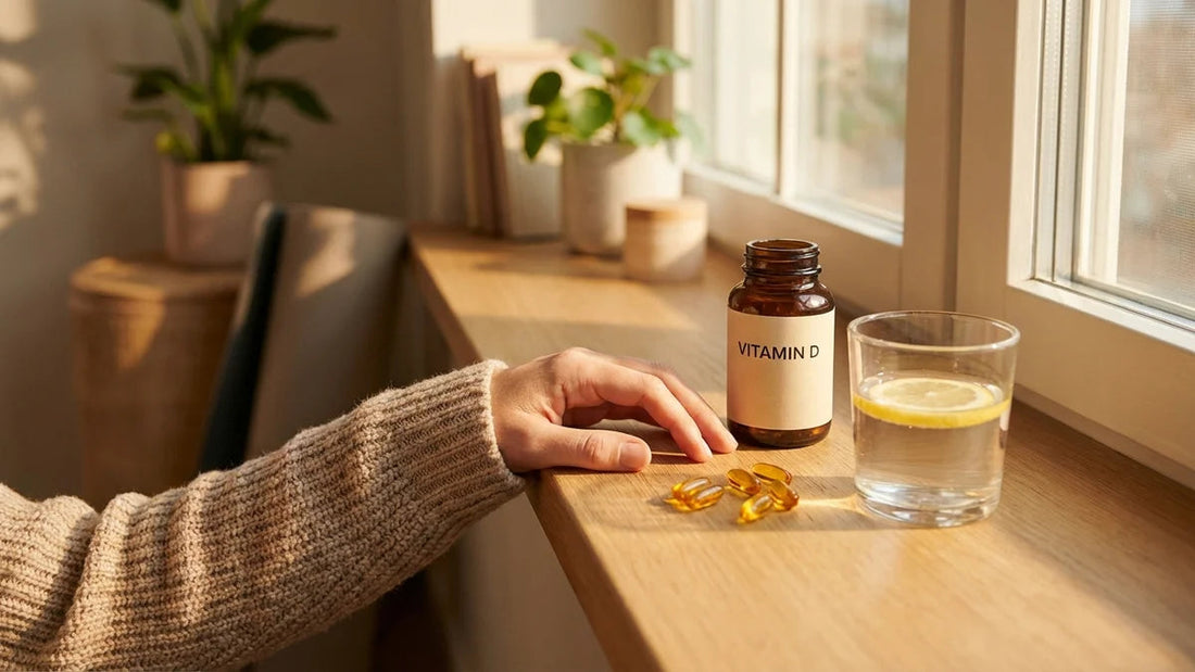 Main fatiguée au soleil avec comprimés vitamine D et verre d'eau illustrant les symptômes de carence