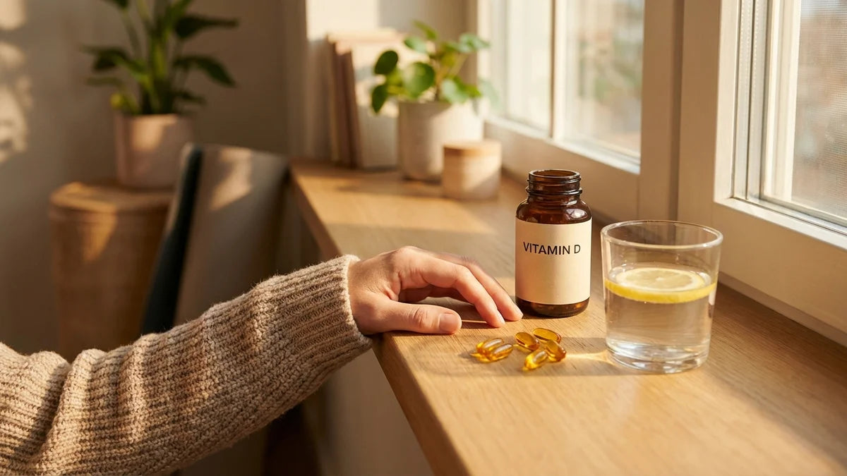 Main fatiguée au soleil avec comprimés vitamine D et verre d'eau illustrant les symptômes de carence