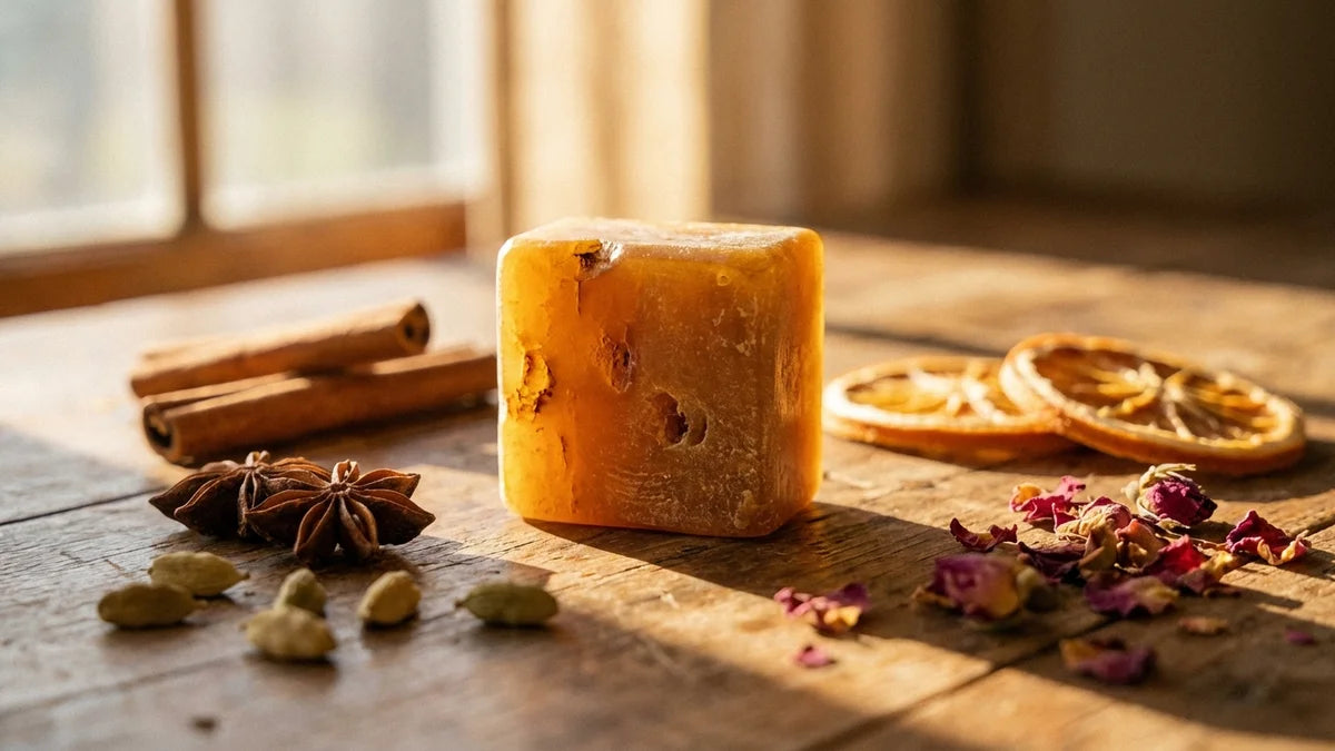 Carré d'ambre artisanal naturel sur surface bois avec épices et botaniques séchées, parfum d'ambiance