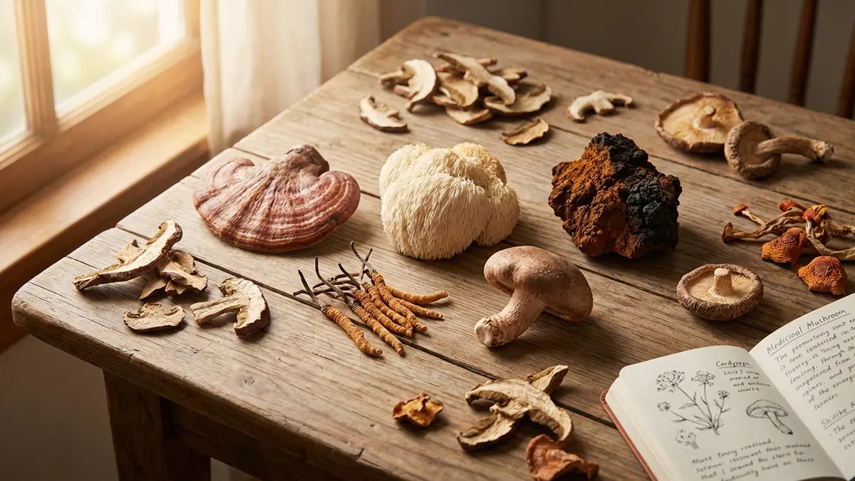 Cinq champignons adaptogènes (Reishi, Lion's Mane, Cordyceps, Chaga, Shiitake) sur bois naturel pour guide complet de sélection