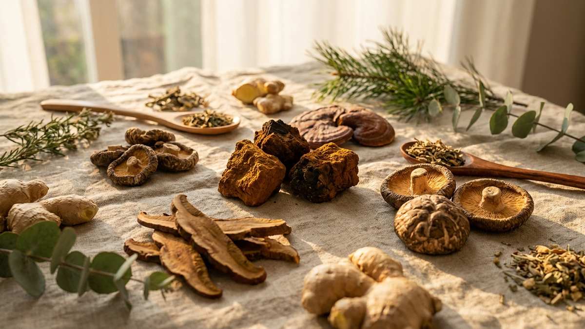 Champignons médicinaux Chaga, Reishi et Shiitake séchés pour booster l'immunité sur fond naturel