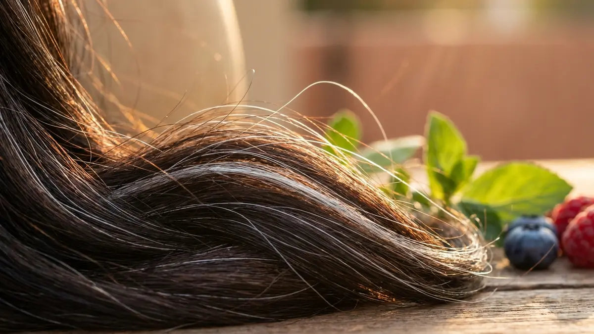 Cheveux noirs avec cheveux blancs visibles illustrant la perte de mélanine naturelle et les solutions wellness