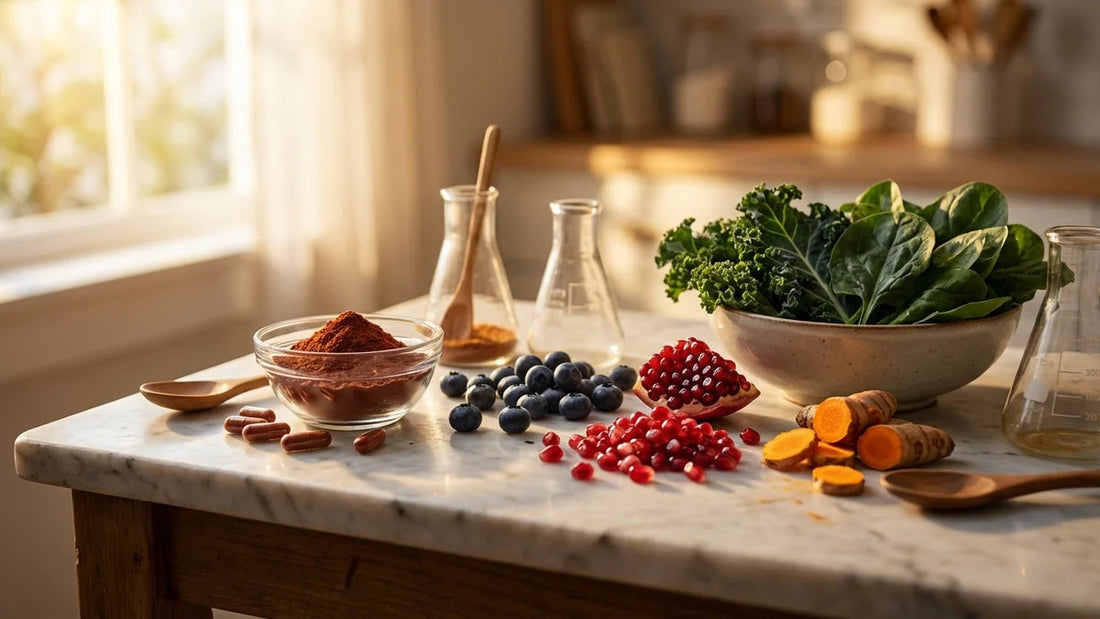 Cinq sources naturelles d'antioxydants : algues, myrtilles, grenade, curcuma et légumes verts