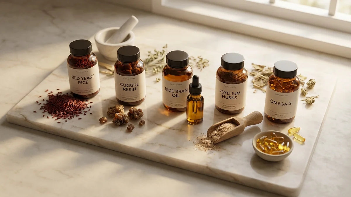Compléments alimentaires naturels pour cholestérol : levure de riz rouge, guggul et oméga-3 sur marbre