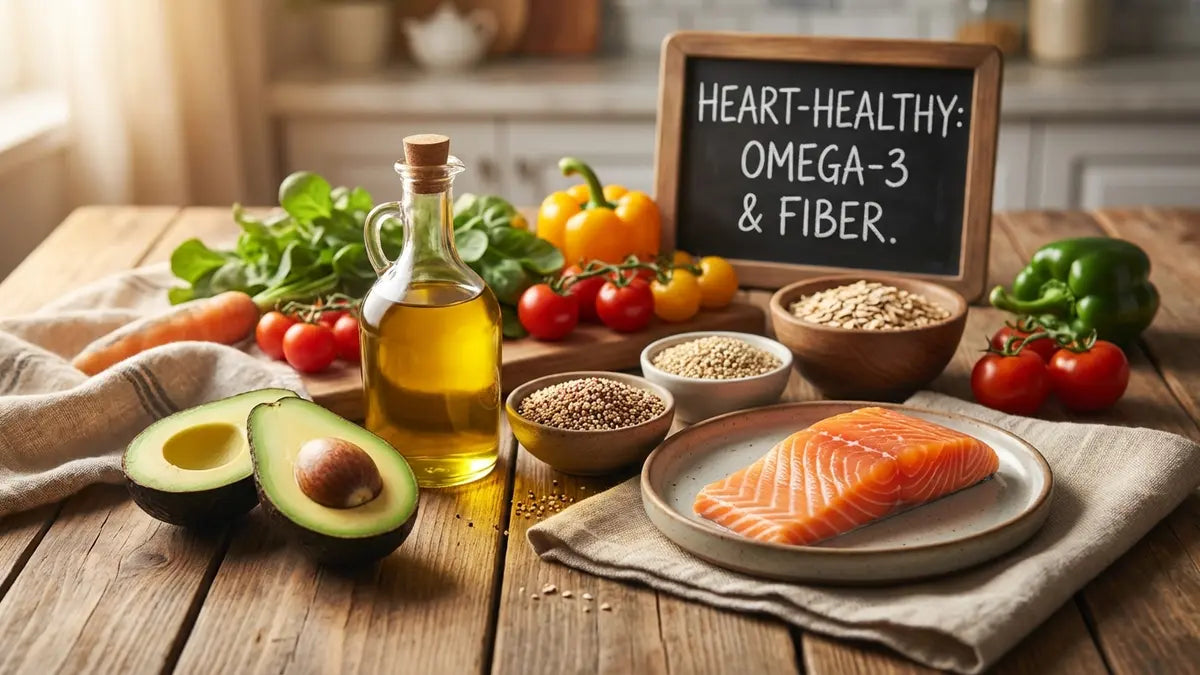 Ingrédients sains contre le cholestérol : avocats, huile d'olive, saumon, légumes et céréales complètes