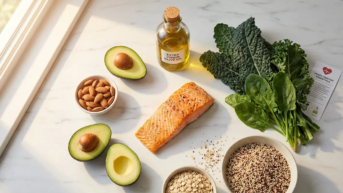 Aliments sains pour réduire le cholestérol : poisson, avocat, amandes et huile d'olive