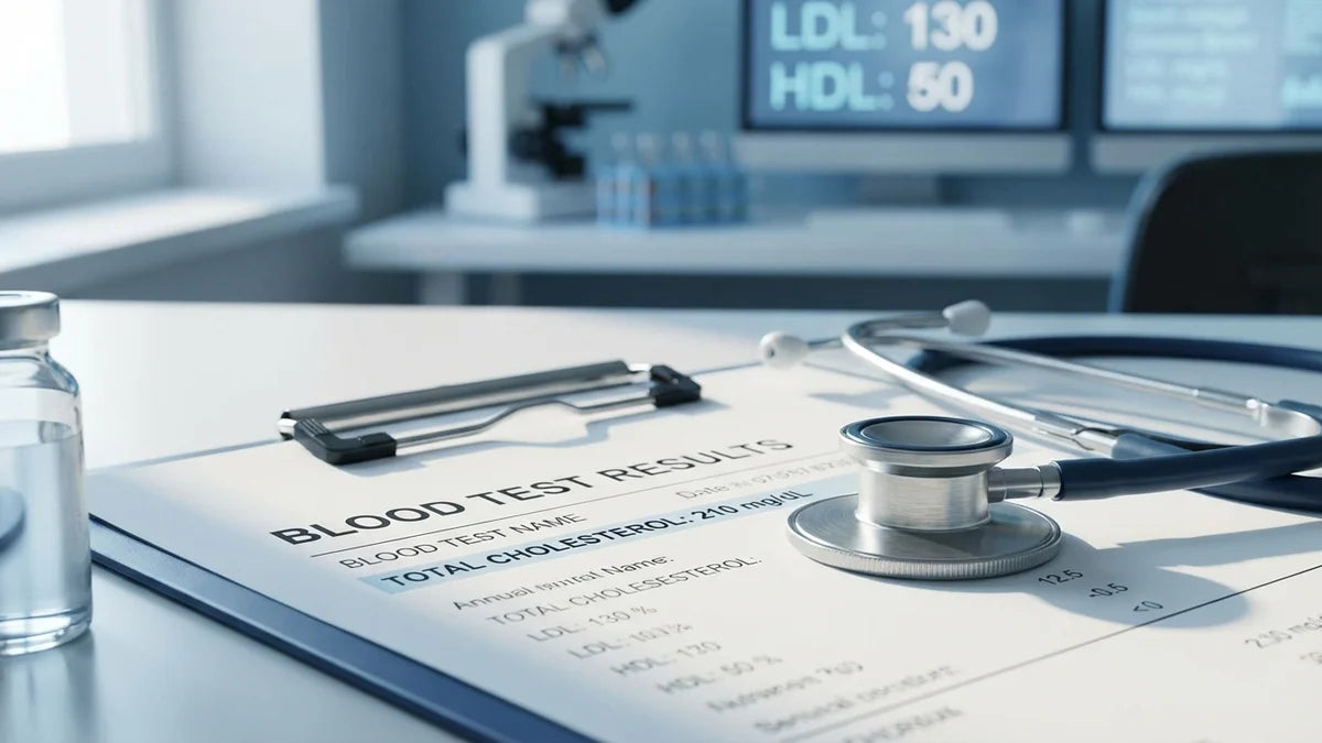Stéthoscope et résultats de test sanguin cholestérol sur bureau médical