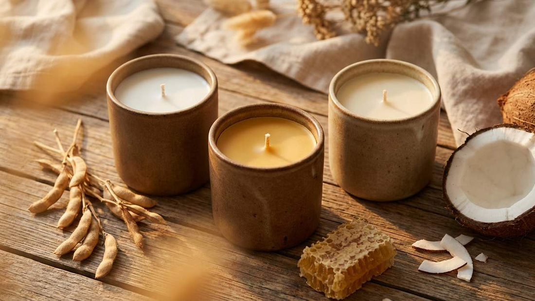 Trois bougies naturelles en cire de soja, d'abeille et végétale avec ingrédients bruts sur bois