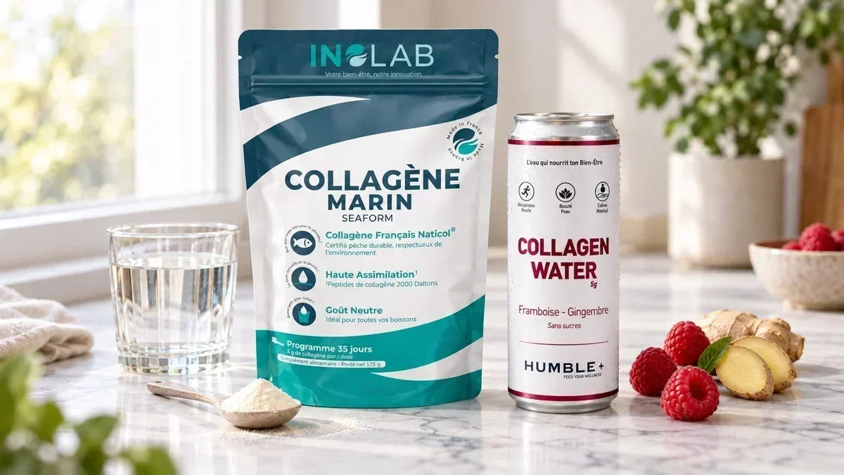 Canette Collagen Water Framboise-Gingembre Humble+ et sachet de collagène marin Inolab 175 g, avec un verre d’eau et une cuillère de poudre sur un plan de travail en marbre.