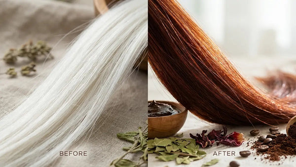 Coloration végétale sur cheveux blanc : résultats avant/après