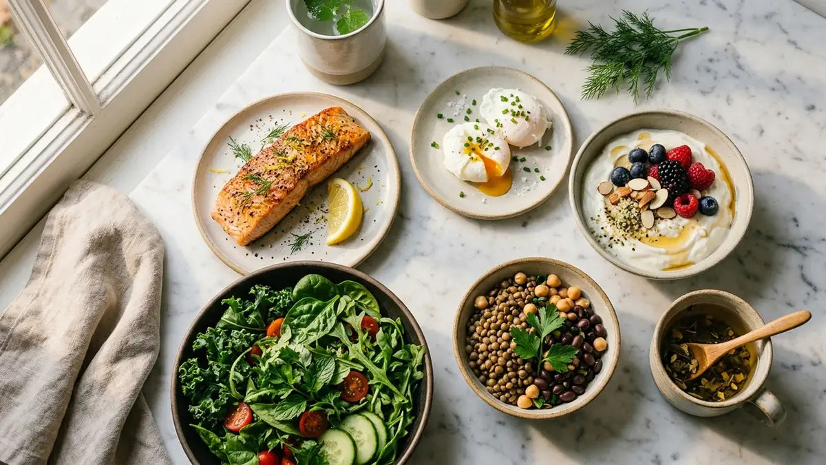 Aliments riches en protéines pour femme ménopausée : saumon, œufs, yaourt grec et légumineuses