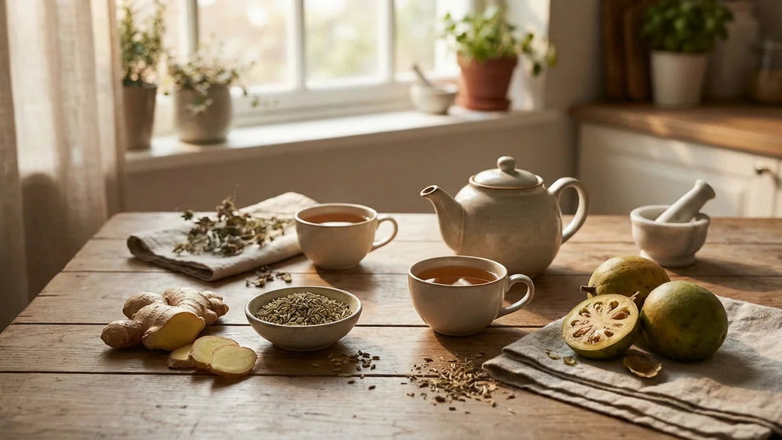 Ingrédients naturels pour apaiser les intestins irrités : gingembre, fenouil et tisane digestive
