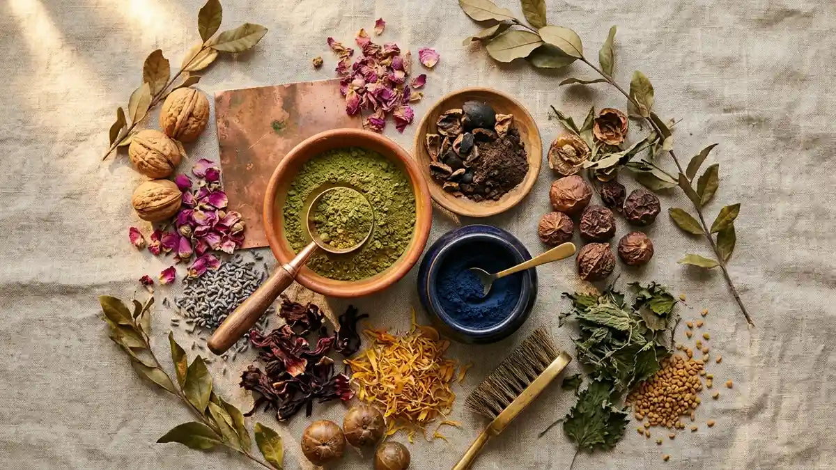 Ingrédients naturels pour camoufler cheveux blancs : henné, indigo et plantes botaniques sur lin