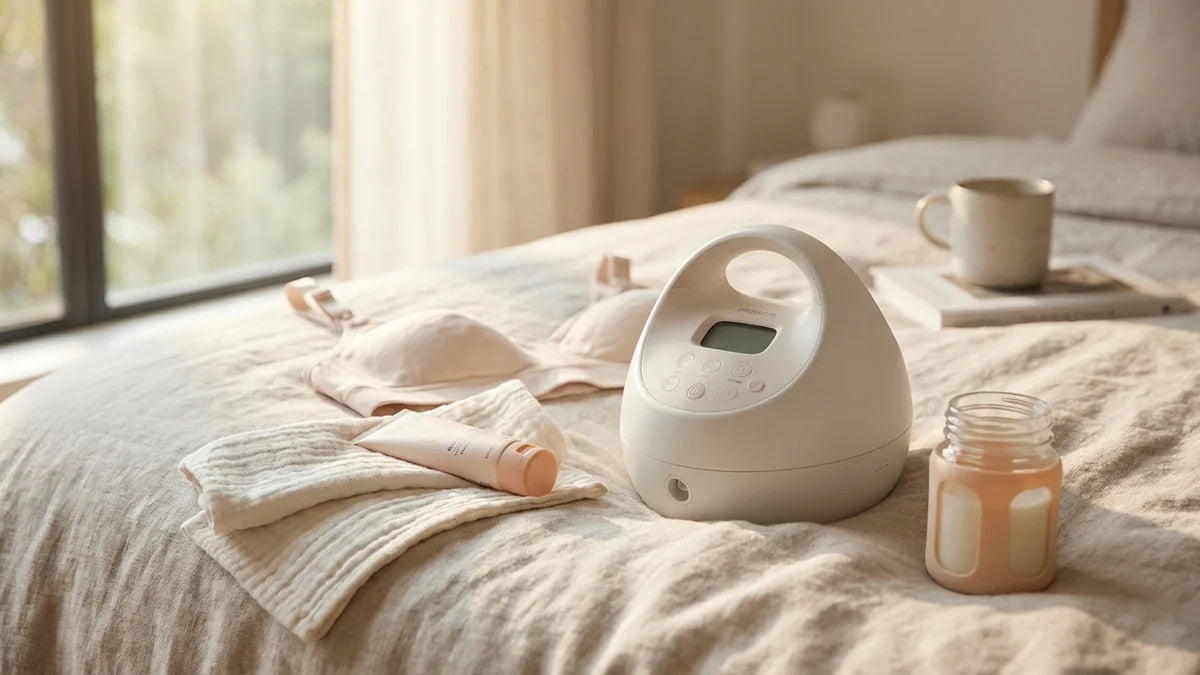 Tire-lait électrique moderne entouré d'accessoires d'allaitement sur surface neutre avec éclairage naturel