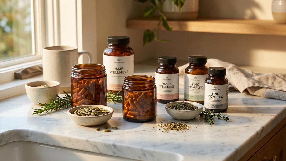 Compléments alimentaires pour cheveux avec biotin, graines de courge et vitamines sur marbre