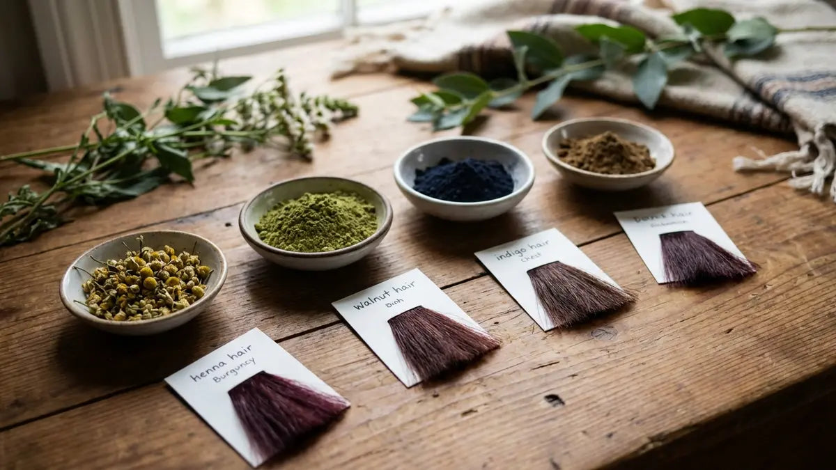 Ingrédients naturels de coloration végétale : henné, indigo et extraits botaniques sur cheveux blancs