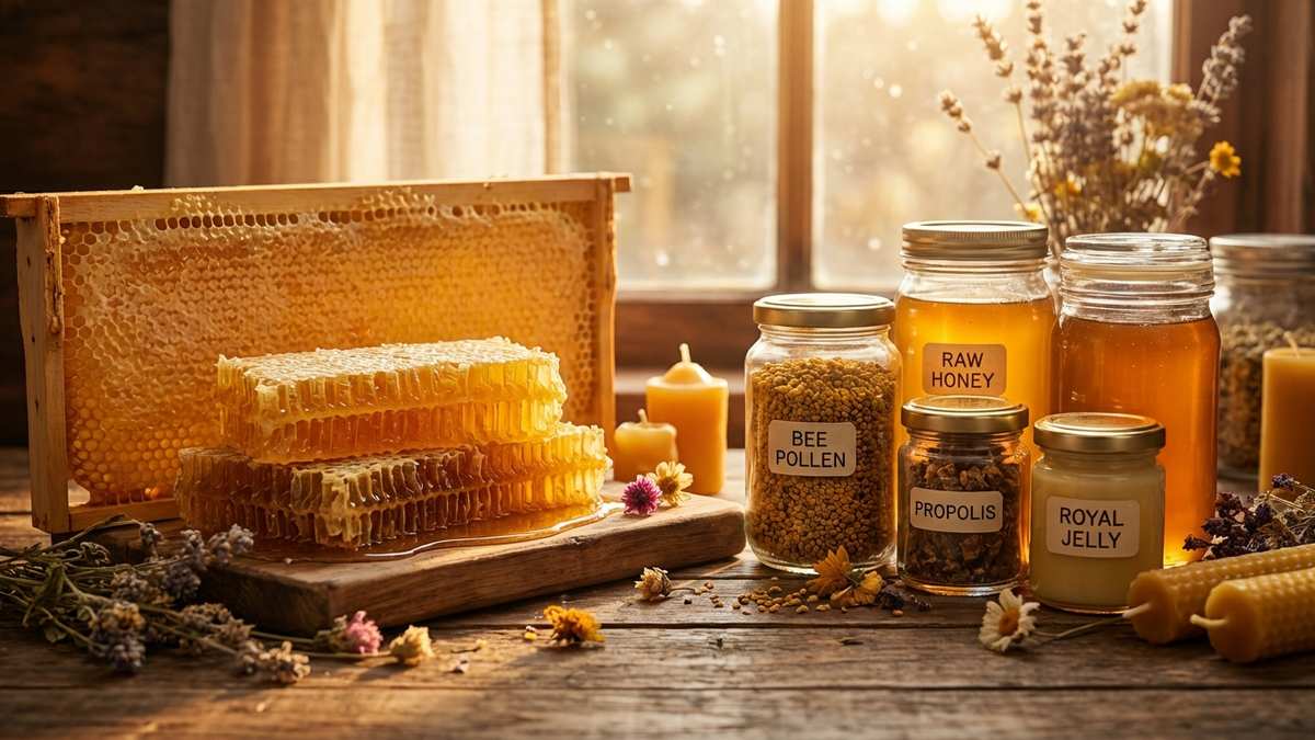 Produits apithérapie naturels : miel, pollen, propolis et gelée royale en pots de verre