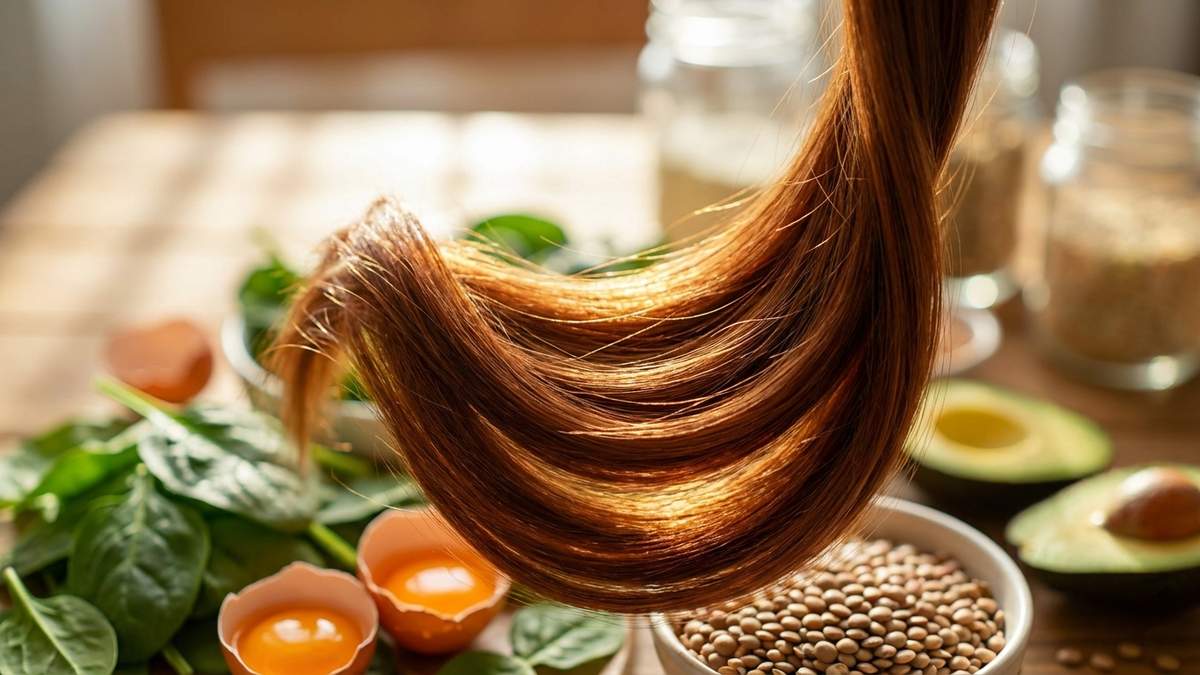 Cheveux brillants et sains entourés d'ingrédients nutritifs pour compléments alimentaires beauté