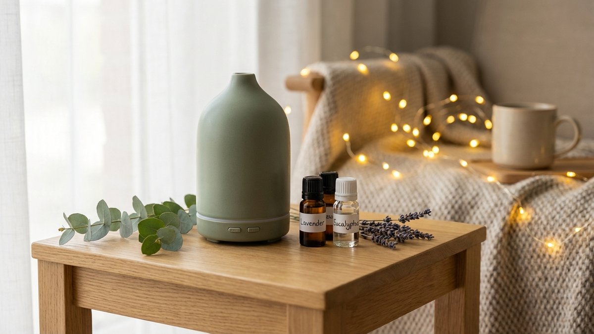 Diffuseur d'huiles essentielles ultrasonic élégant sur table bois avec huiles et plantes aromathérapie