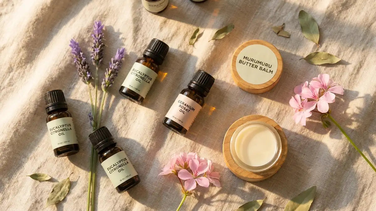 Ingrédients naturels anti-moustiques : huiles essentielles eucalyptus citronelle, lavande et baume murumuru