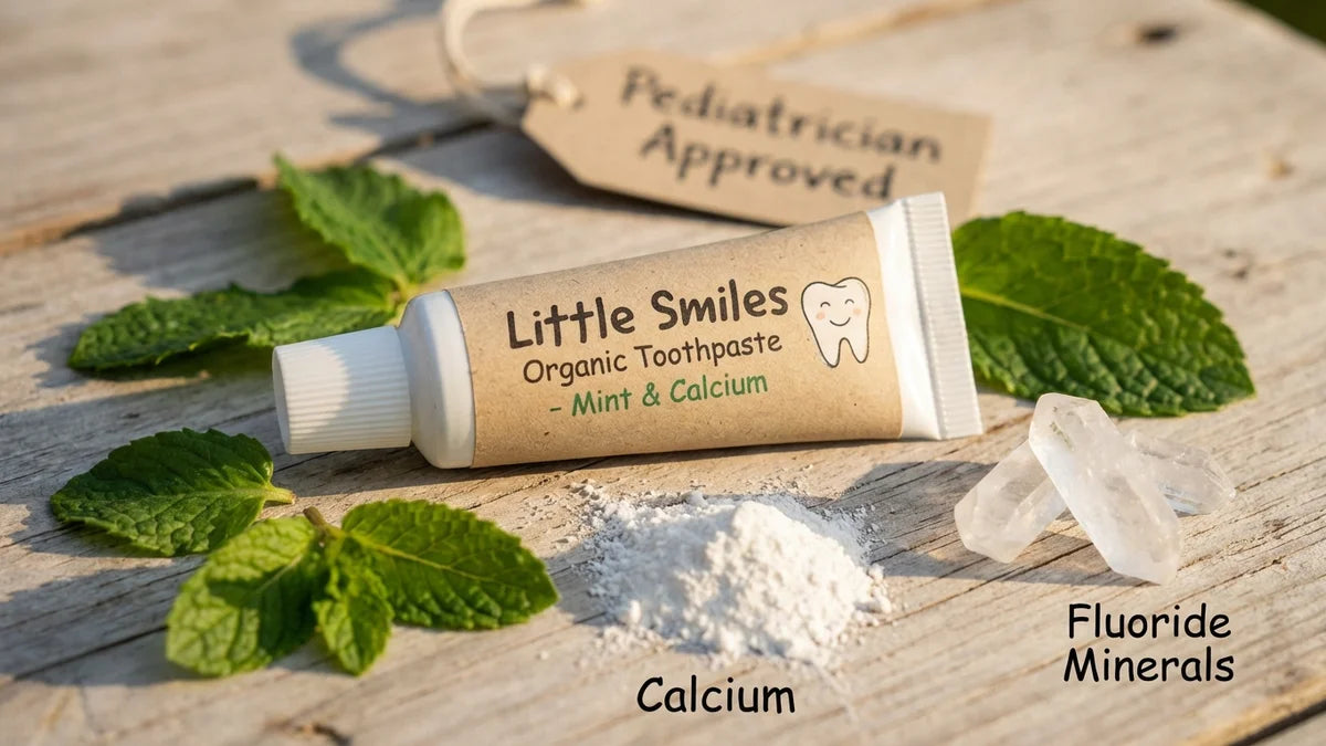 Tube de dentifrice bio pour enfant entouré d'ingrédients naturels et minéraux sur surface bois