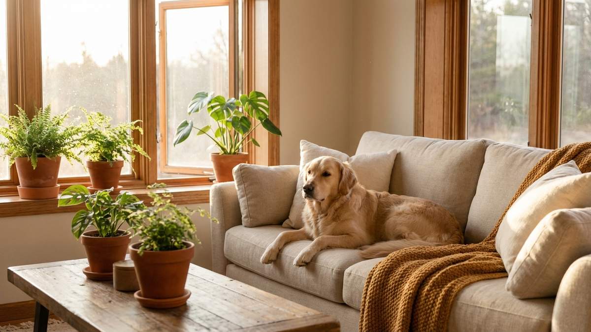 Golden retriever sur canapé beige avec plantes vertes et fenêtres ouvertes pour éliminer odeurs