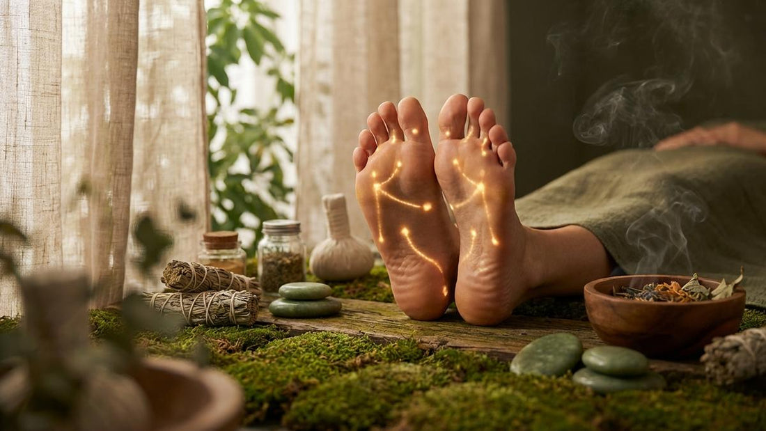 Pieds avec points d'acupuncture illuminés pour détoxification naturelle et bien-être holistique
