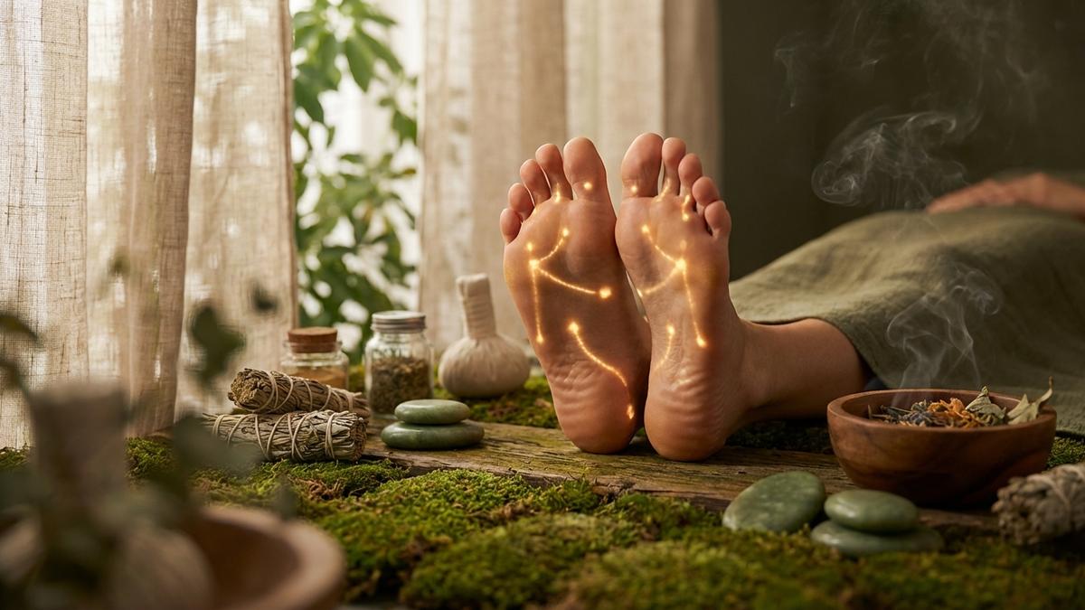 Pieds avec points d'acupuncture illuminés pour détoxification naturelle et bien-être holistique