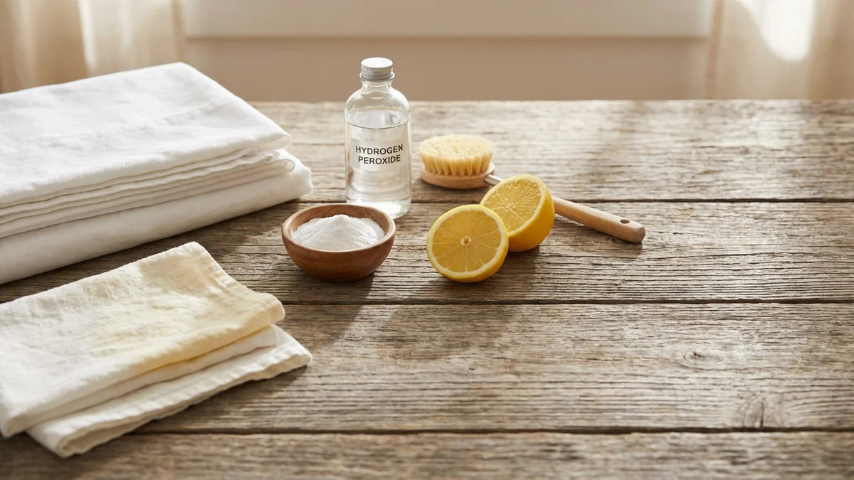 Linge blanc avec agents de blanchiment naturels : citron, bicarbonate et eau oxygénée sur bois