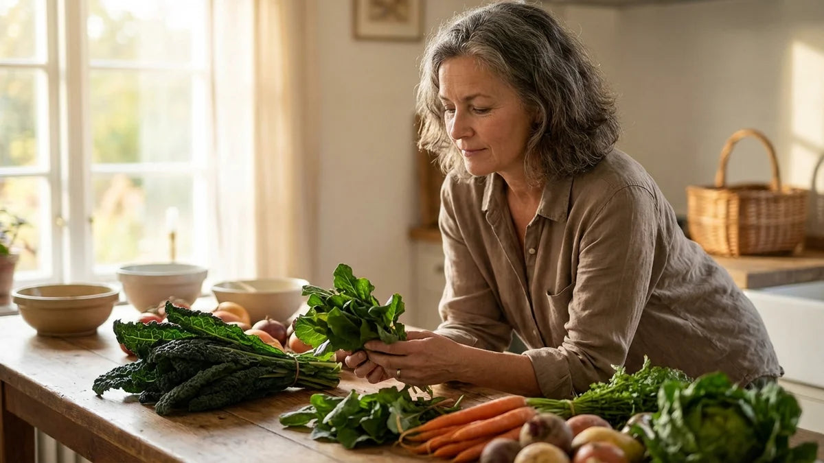 Femme examinant légumes frais pour perdre du poids naturellement selon son profil métabolique