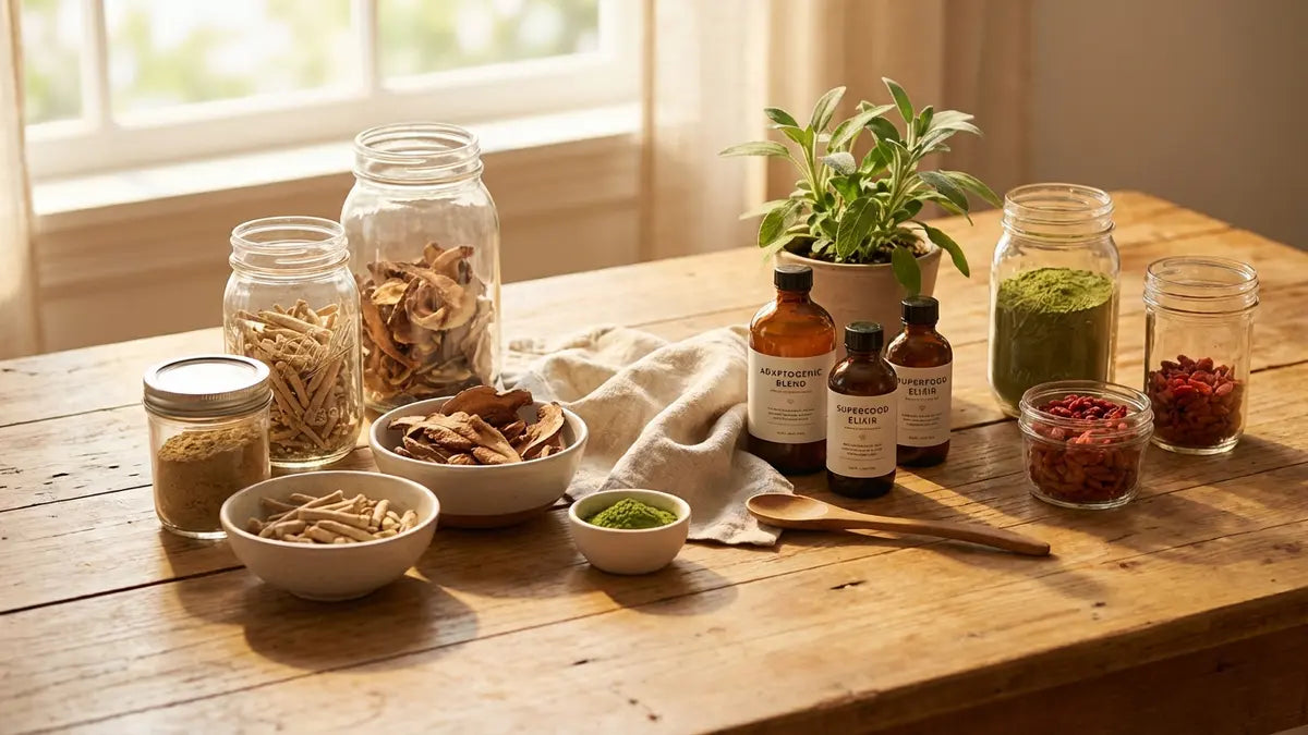 Suppléments naturels et herbes adaptogènes pour équilibre hormonal sur bois
