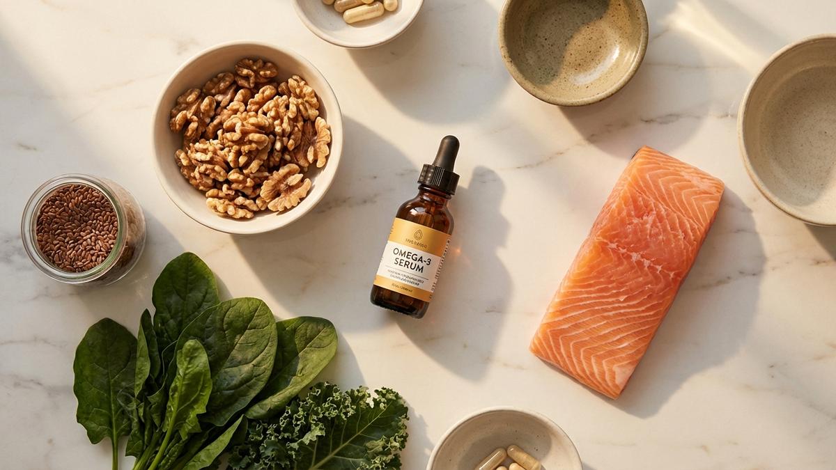 Aliments riches en oméga 3 : saumon, noix et graines de lin sur marbre blanc