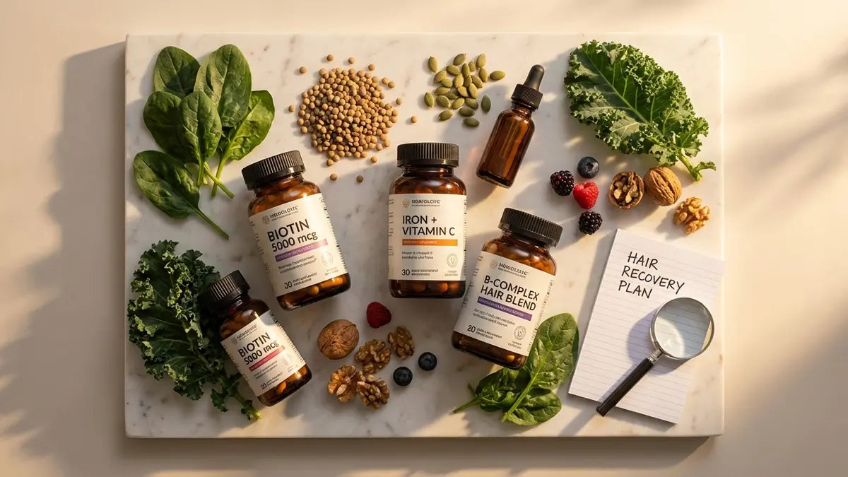 Compléments alimentaires anti-chute : biotin, vitamines B et fer pour la santé des cheveux