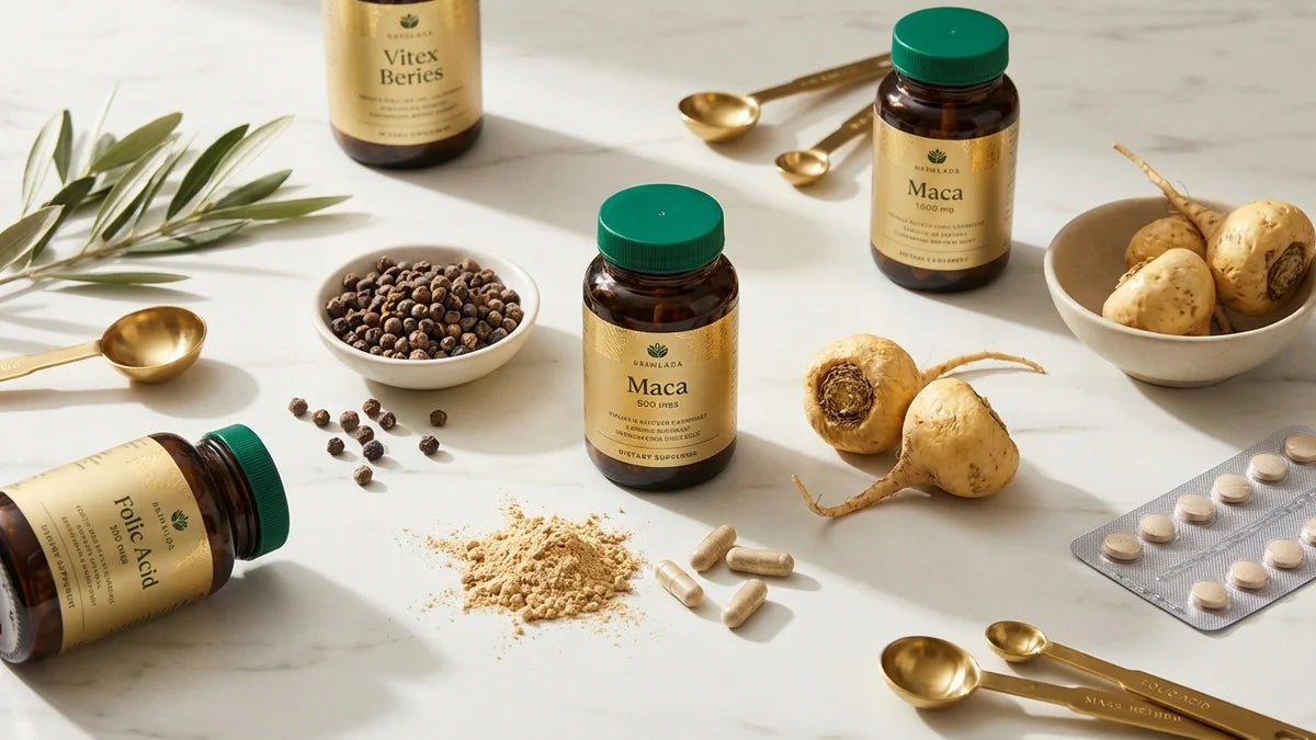 Compléments alimentaires fertilité femme avec vitex, maca et acide folique sur marbre blanc