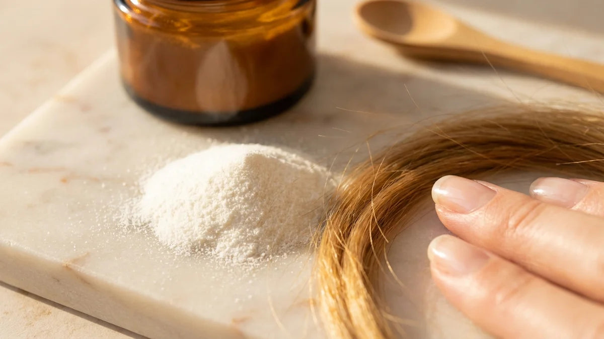 Poudre de collagène, cheveux et ongles sains sur marbre illustrant les compléments alimentaires beauté