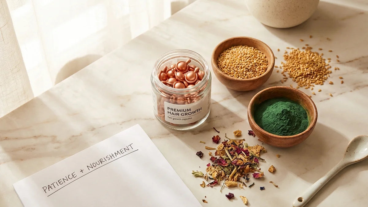 Compléments alimentaires pour cheveux avec biotine, graines de lin et spiruline sur marbre