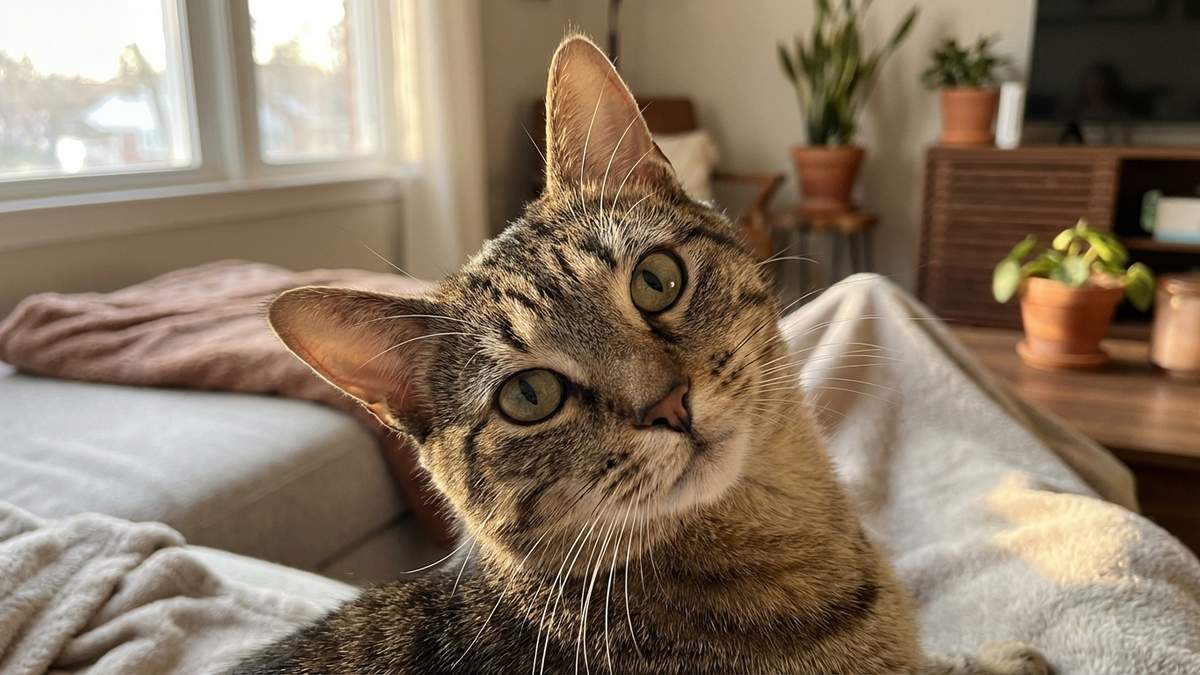 Chat tabby attentif avec oreilles dressées montrant son comportement curieux et sa communication féline