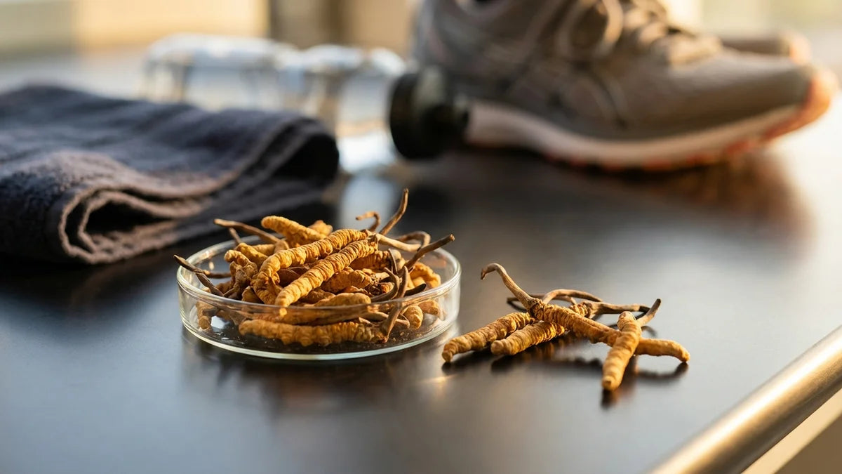 Cordyceps séchés en macro photographie sur surface noire, équipement sportif en arrière-plan, champignons pour endurance et récupération