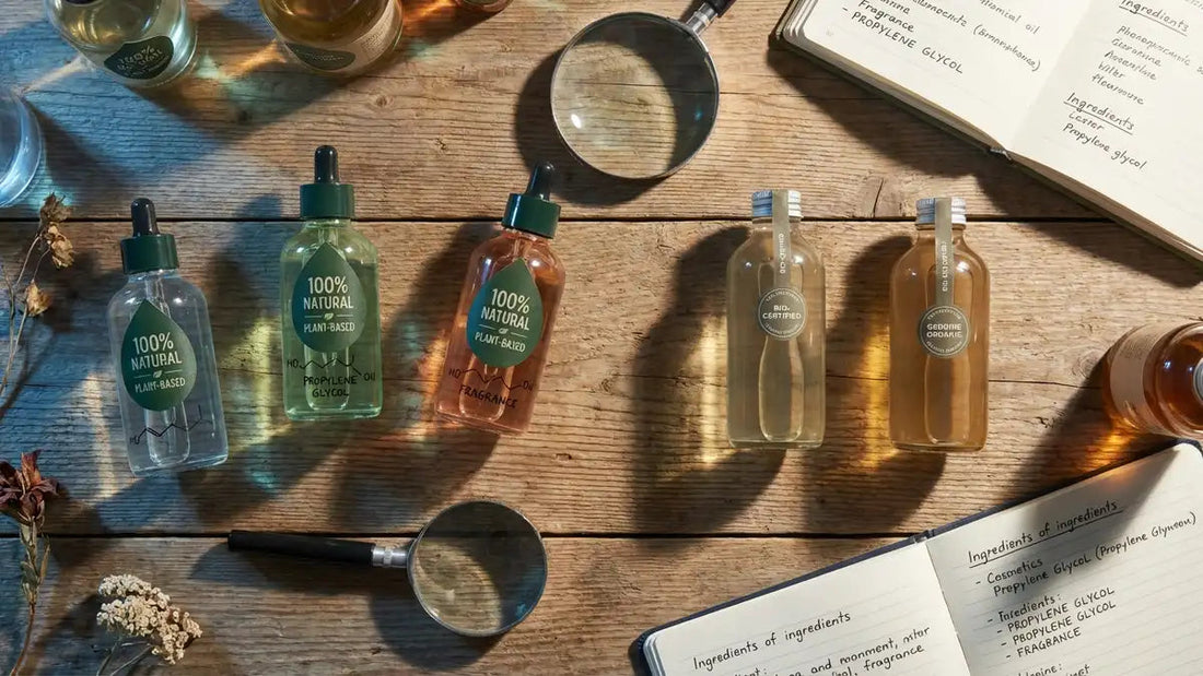 Comparaison cosmétiques naturels vs synthétiques avec labels trompeurs et formules chimiques visibles