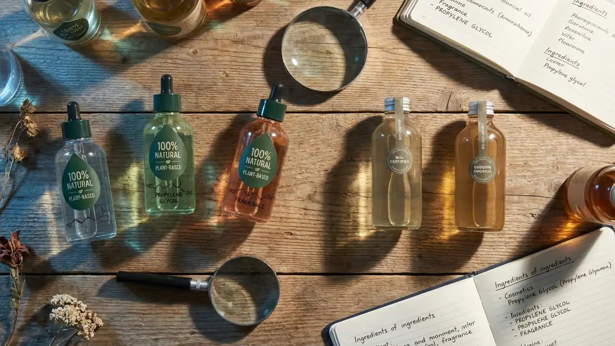 Comparaison cosmétiques naturels vs synthétiques avec labels trompeurs et formules chimiques visibles