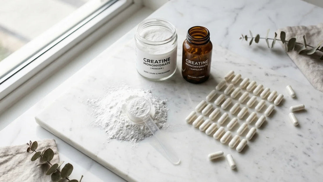Créatine gélules et poudre comparaison sur marbre blanc avec doseur pour choisir son format
