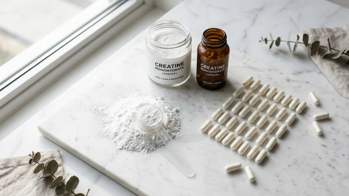 Créatine gélules et poudre comparaison sur marbre blanc avec doseur pour choisir son format