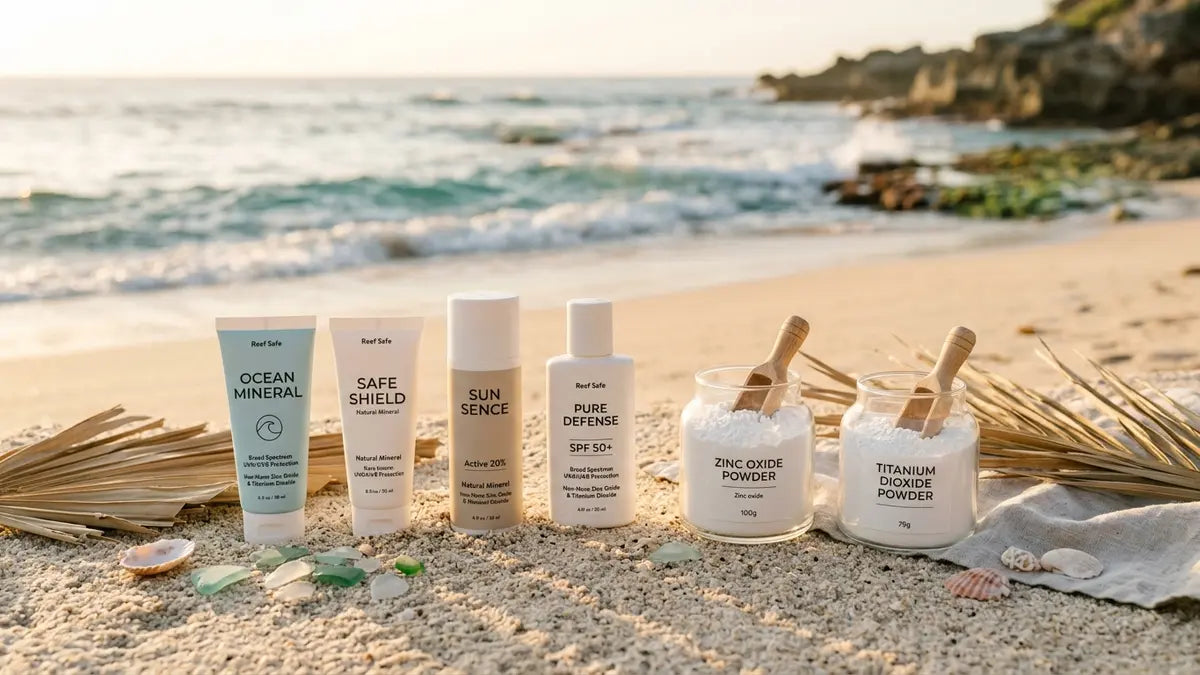 Comparaison crème solaire minérale et chimique : bouteilles et ingrédients sur sable avec océan