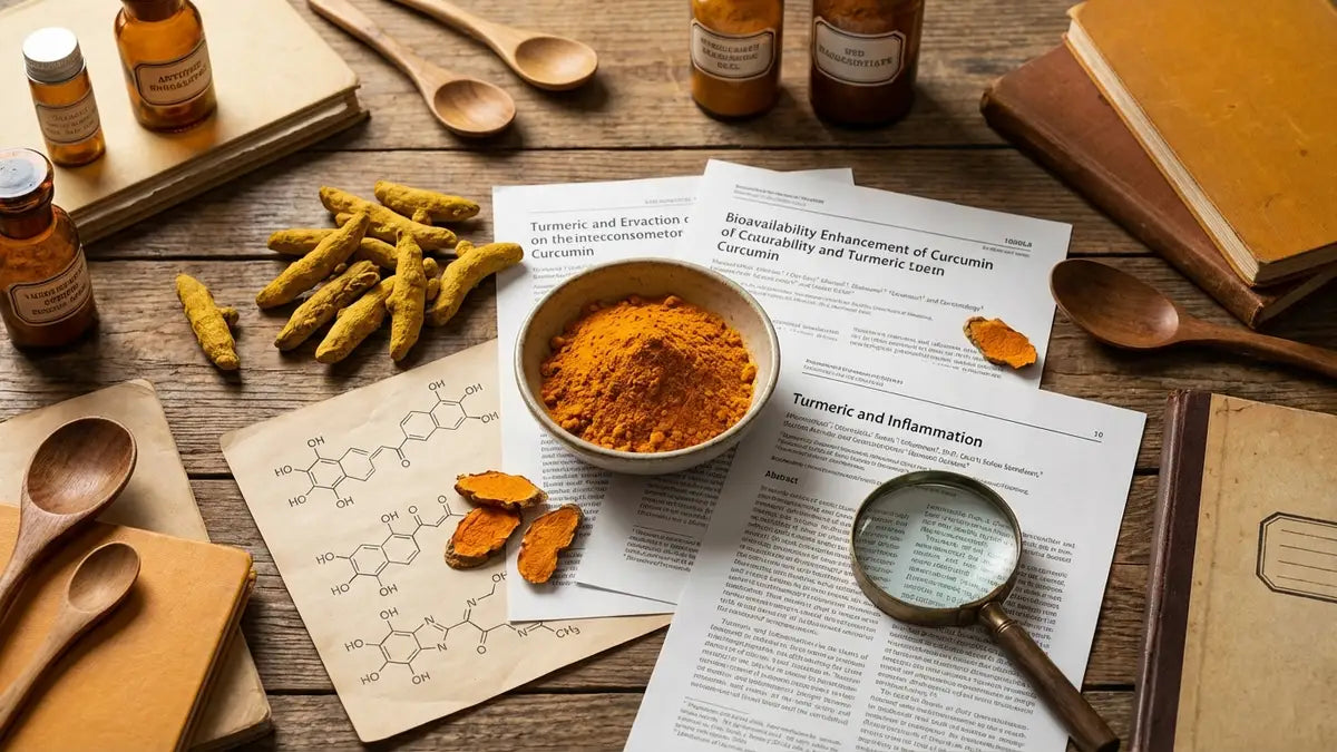 Curcuma frais et poudre dorée avec études scientifiques et structures moléculaires
