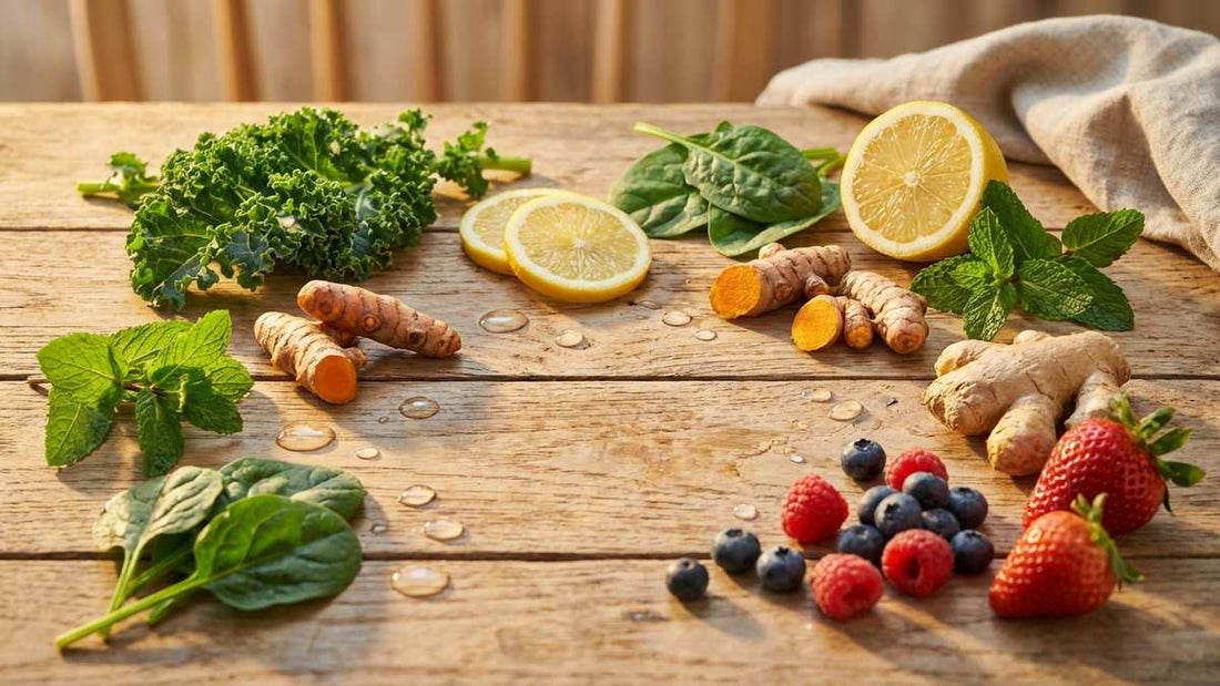 Ingrédients biologiques pour détoxification naturelle : légumes verts, curcuma, gingembre et citron