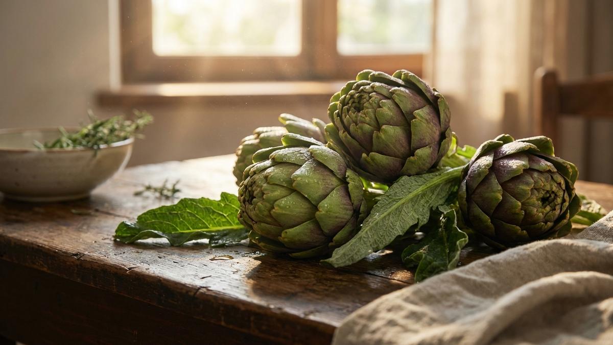 Artichauts frais sur bois rustique pour cure détox naturelle et bien-être