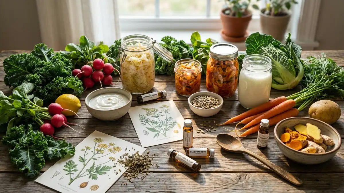 Aliments probiotiques et légumes bio pour rééquilibrer le microbiote intestinal naturellement